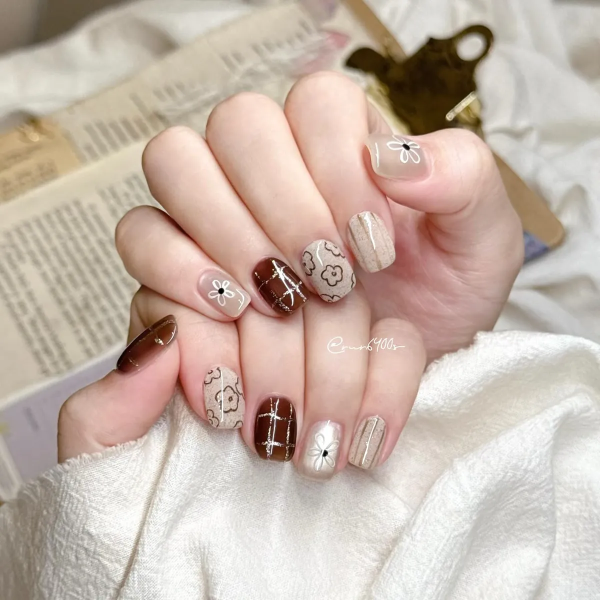 Neutral Brown Plaid with Minimal Floral Outlines