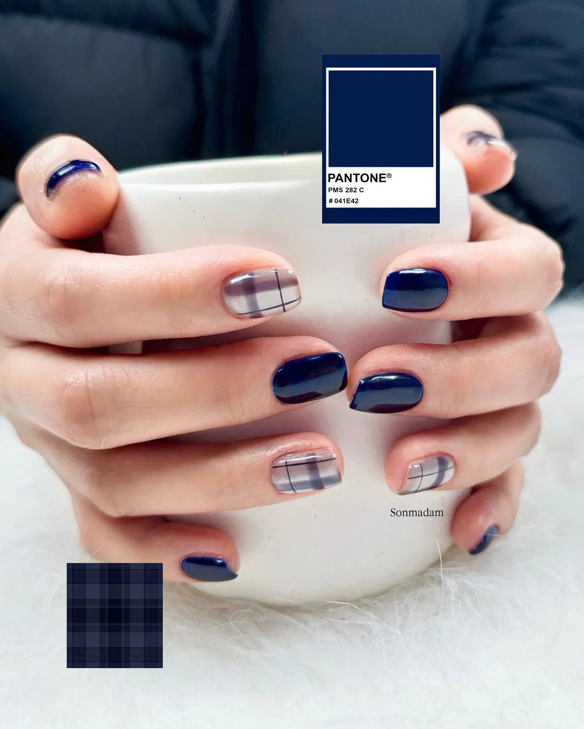 Navy Nails with Gray Plaid Accents and Pantone Label