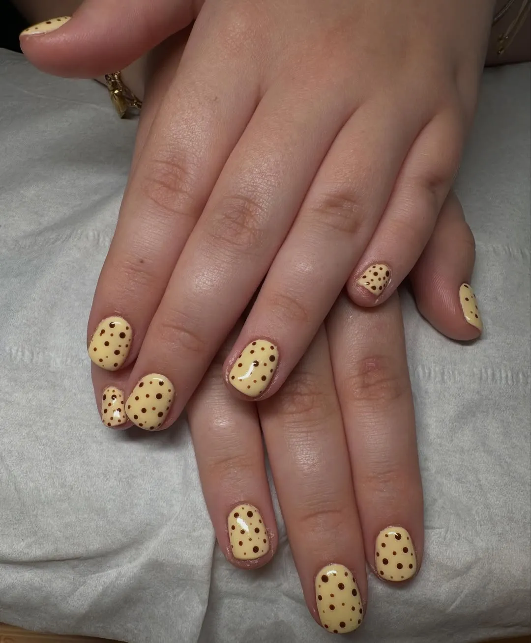 Pale Yellow with Brown Polka Dots