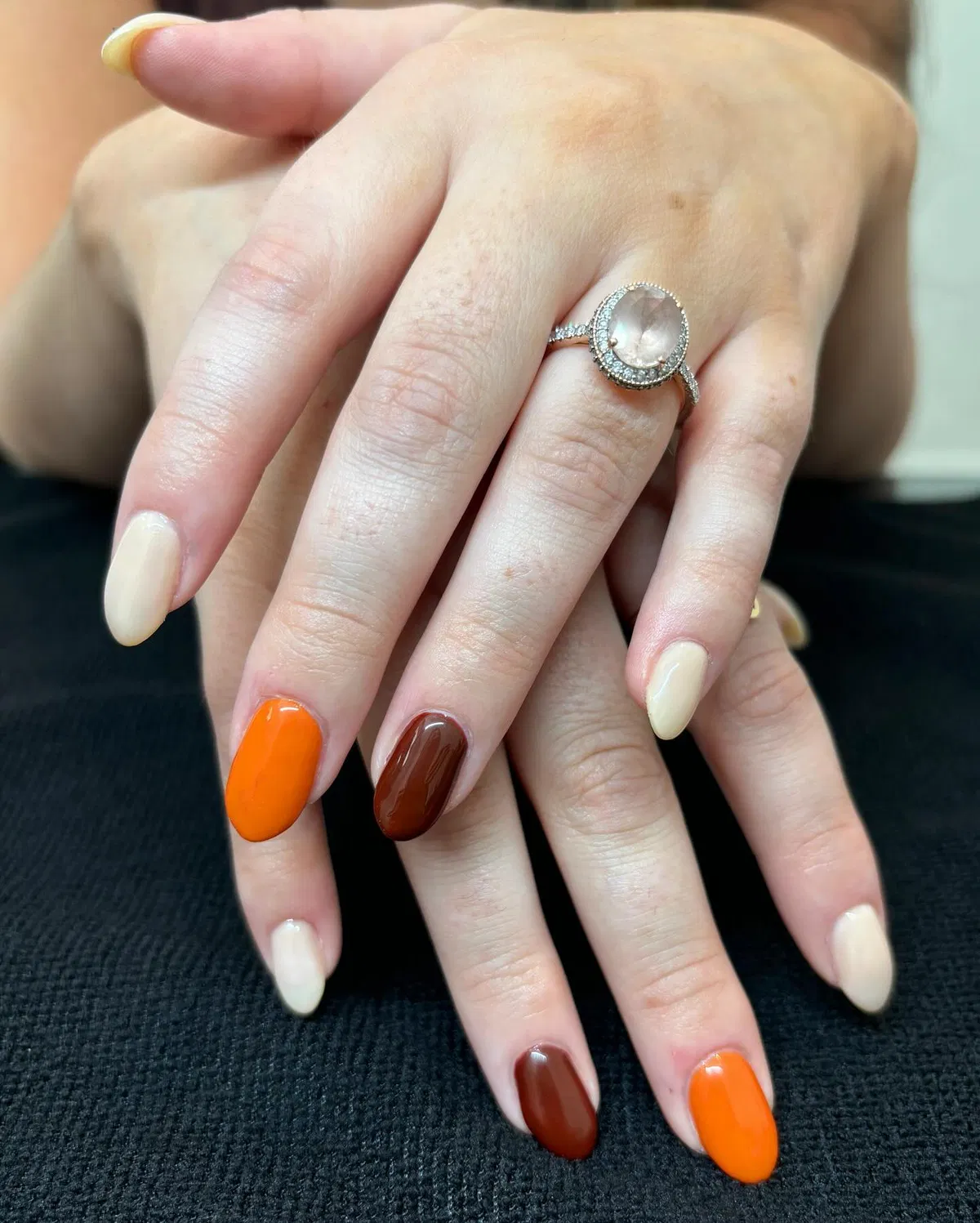 Cream, orange, and deep brown glossy mix