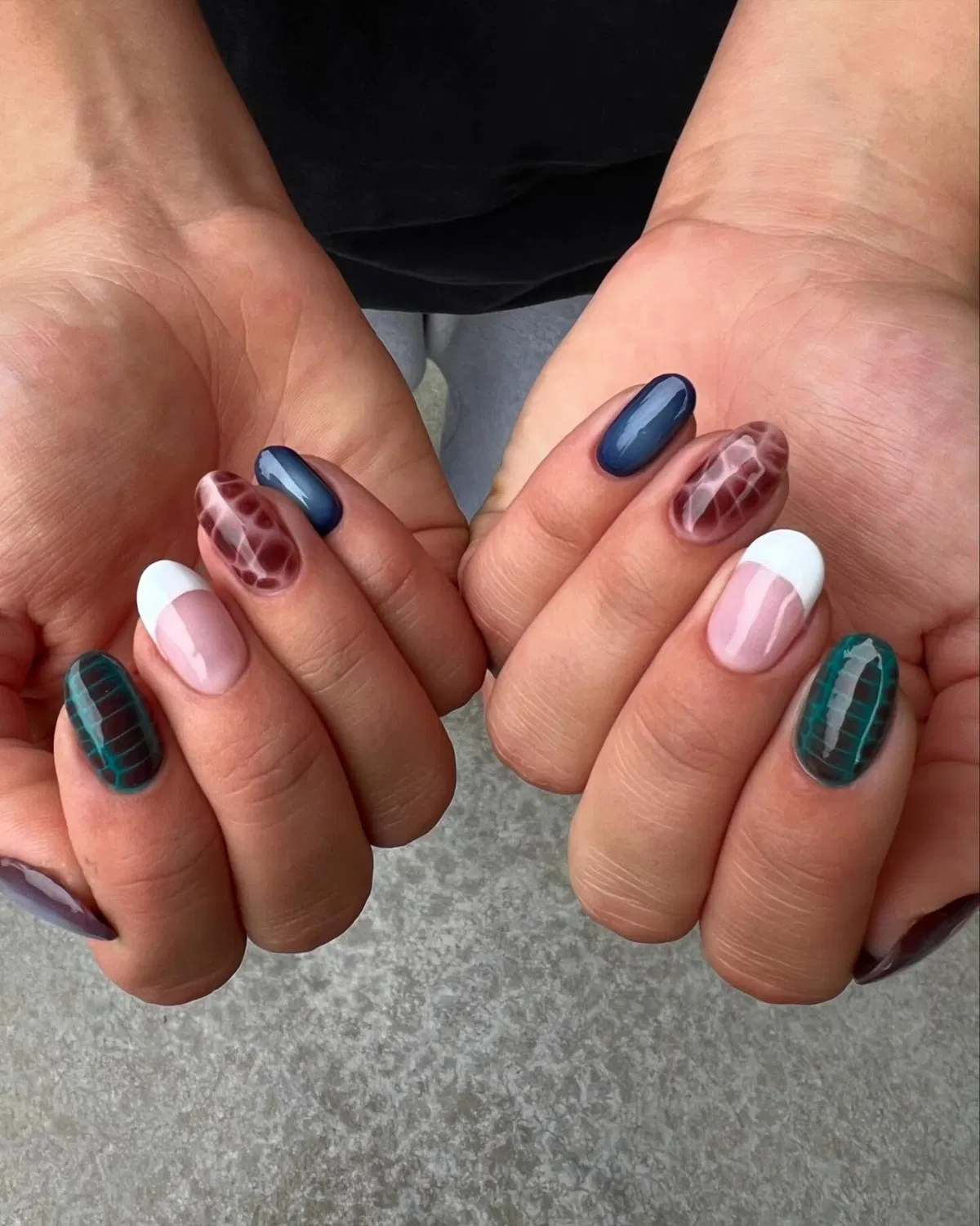 Mixed patterns with white French tips and grid accents