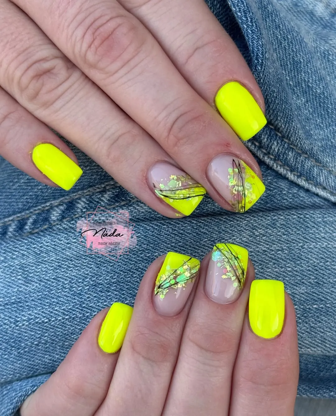 Neon yellow solids with diagonal accents and iridescent confetti