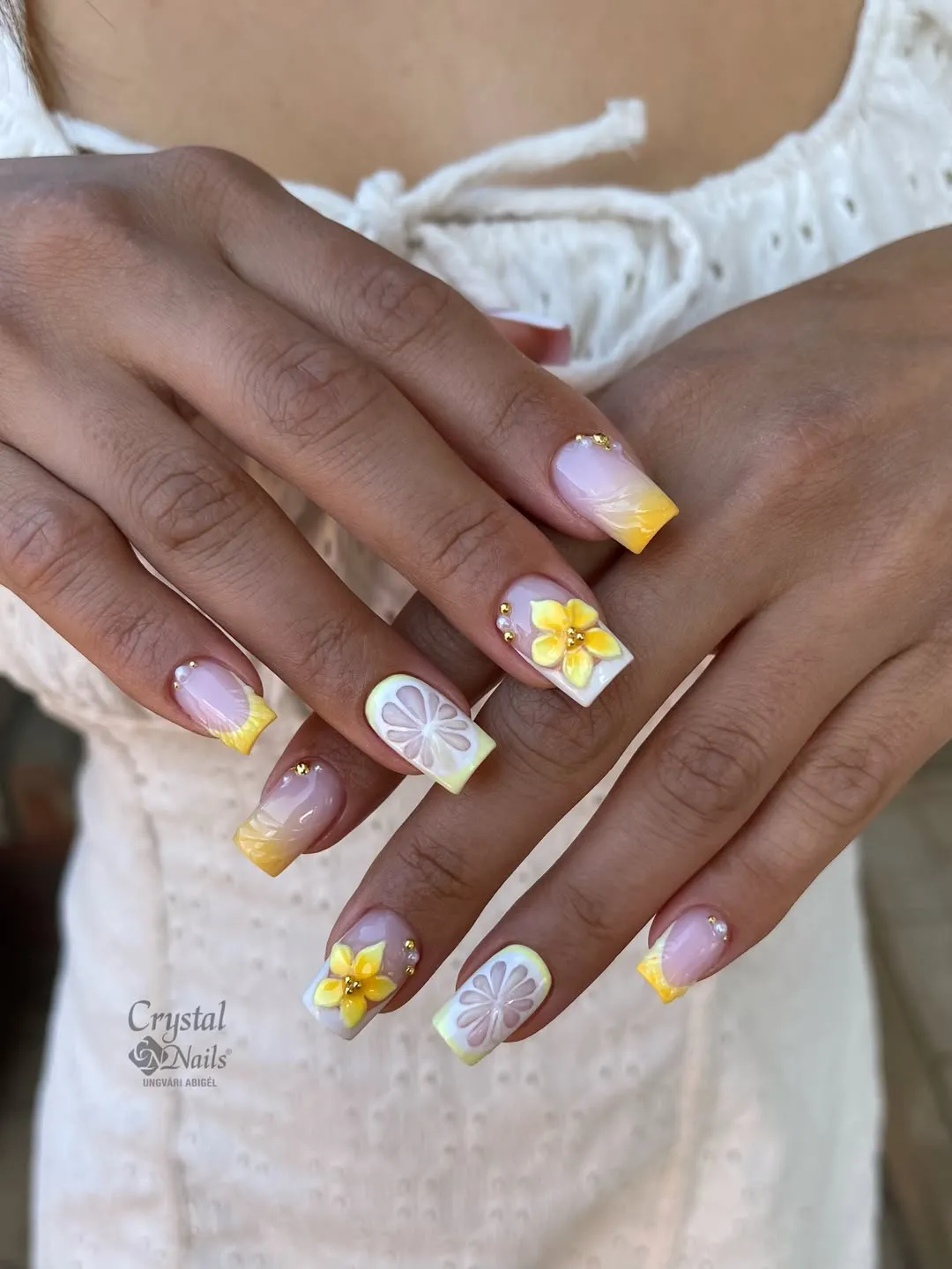 Lavender base with yellow gradient tips and raised floral/citrus accents