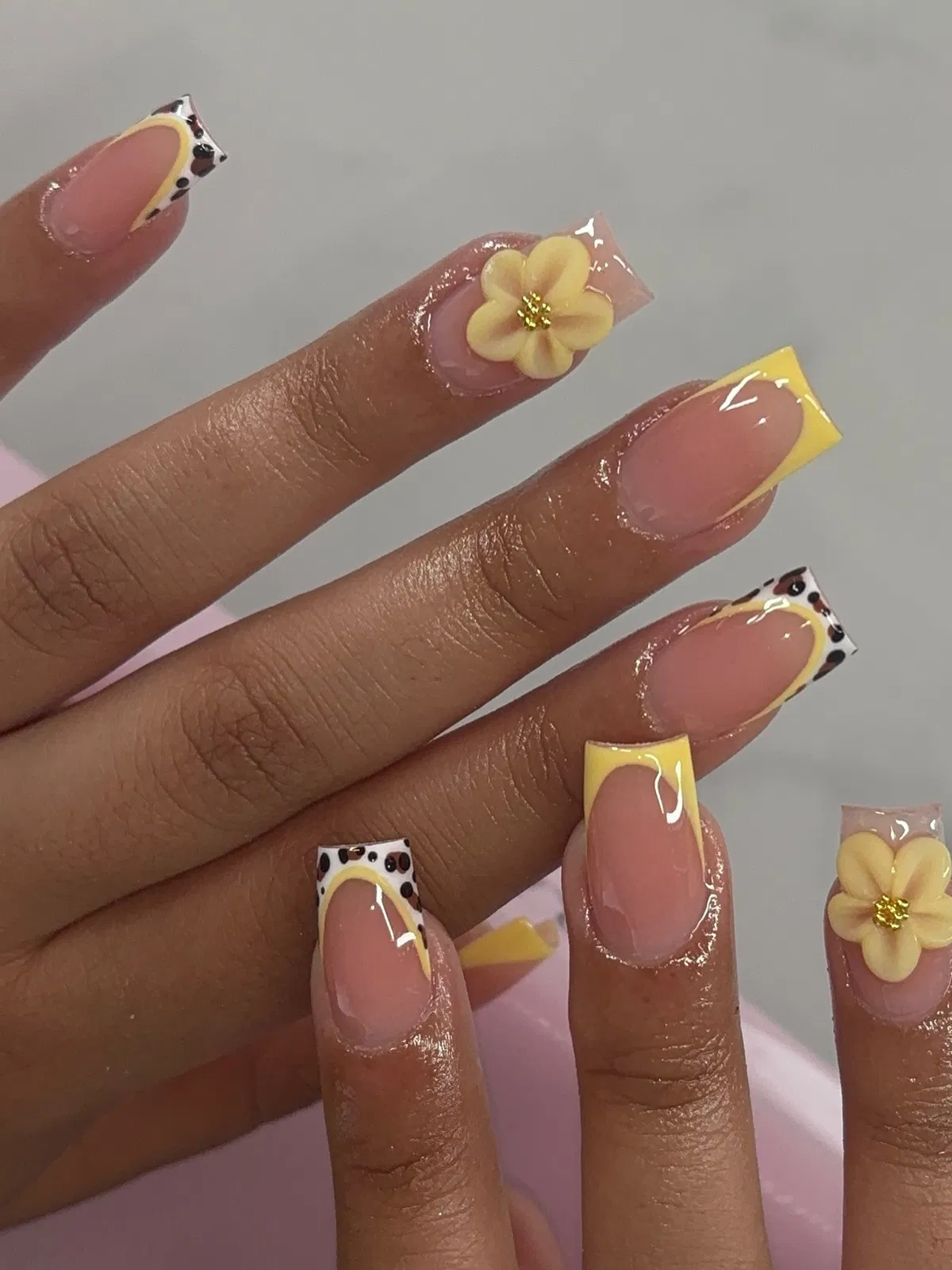 Pale Yellow French Tips with Spotted Edges and 3D Flowers