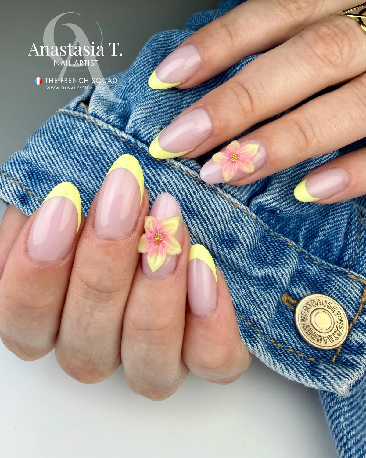 Pale yellow French tips with 3D pastel flowers
