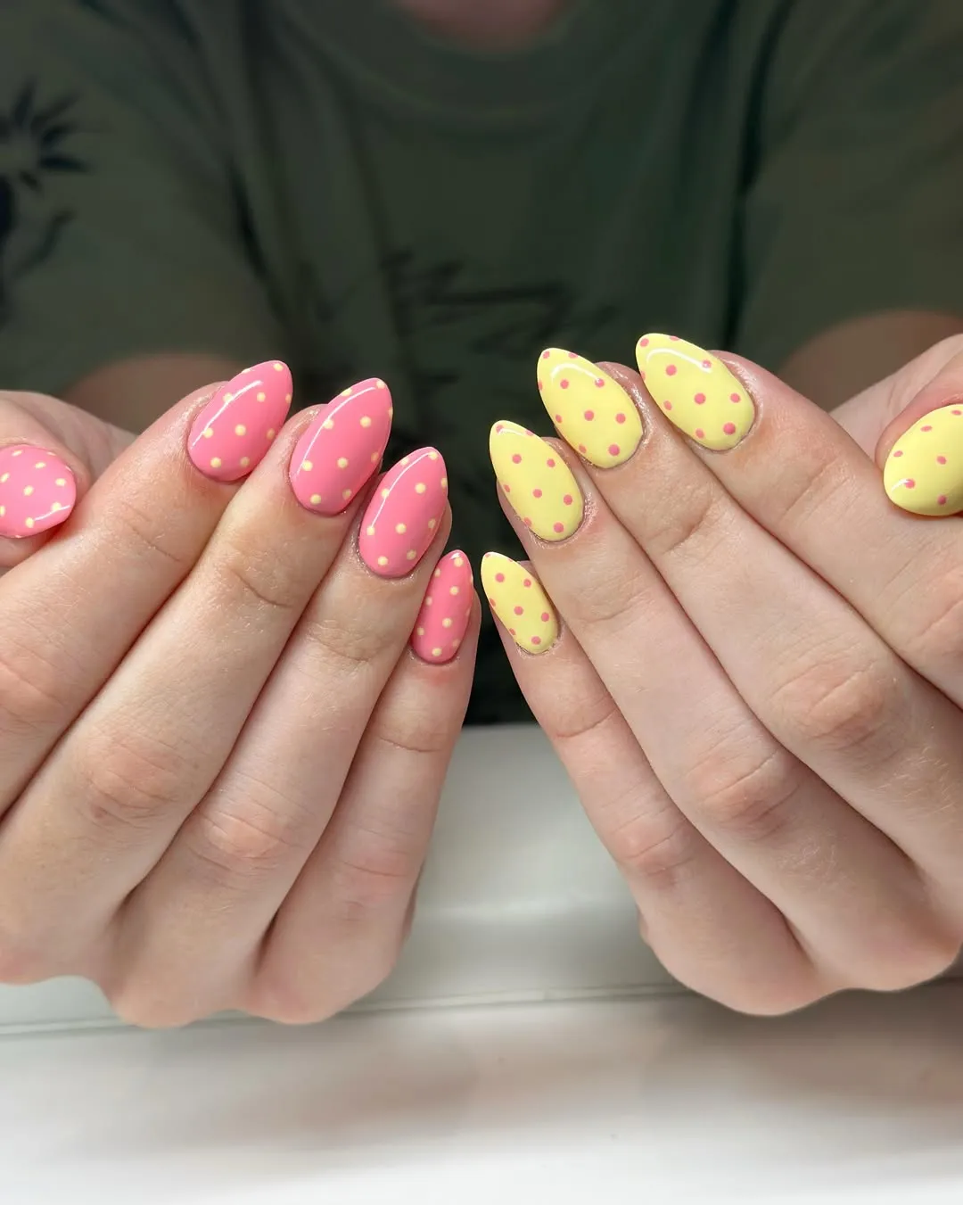 Two-tone polka dots in pink and yellow