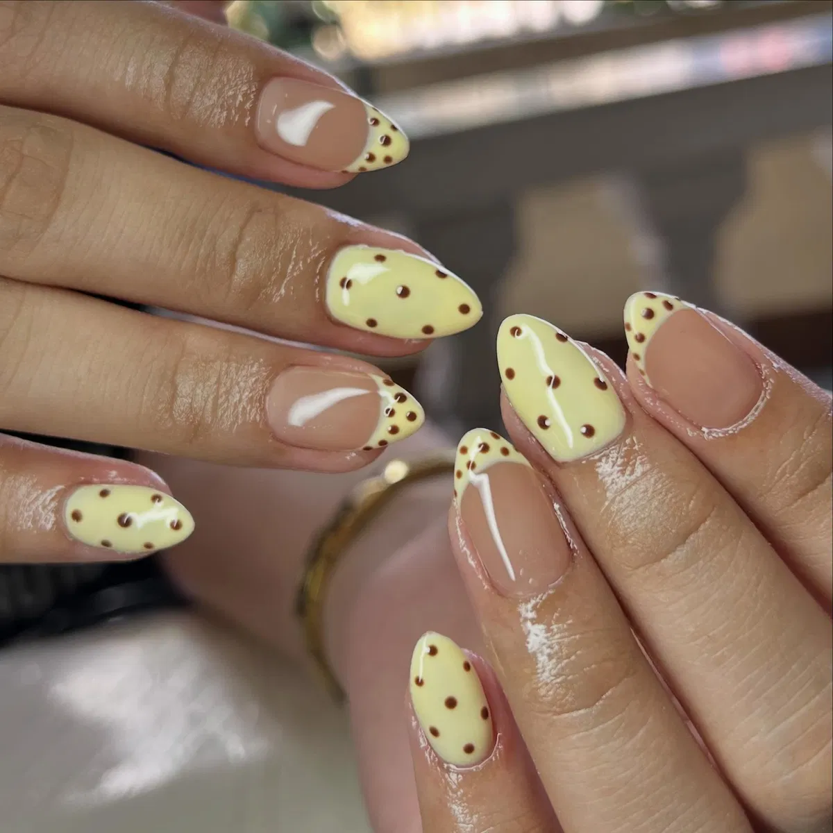 Pale Yellow and Nude with Brown Polka Dots