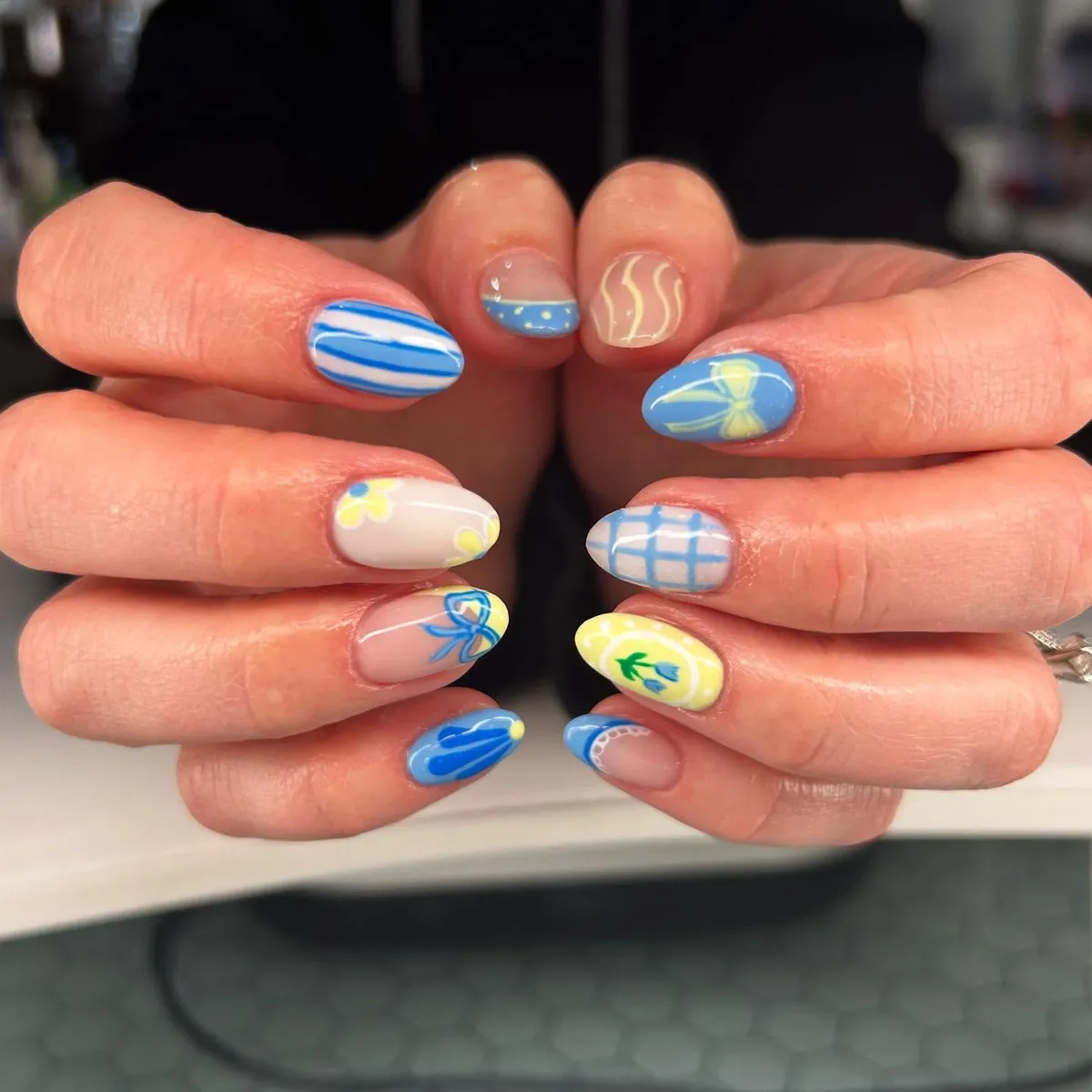 Blue Bows, Stripes, and Grid Details