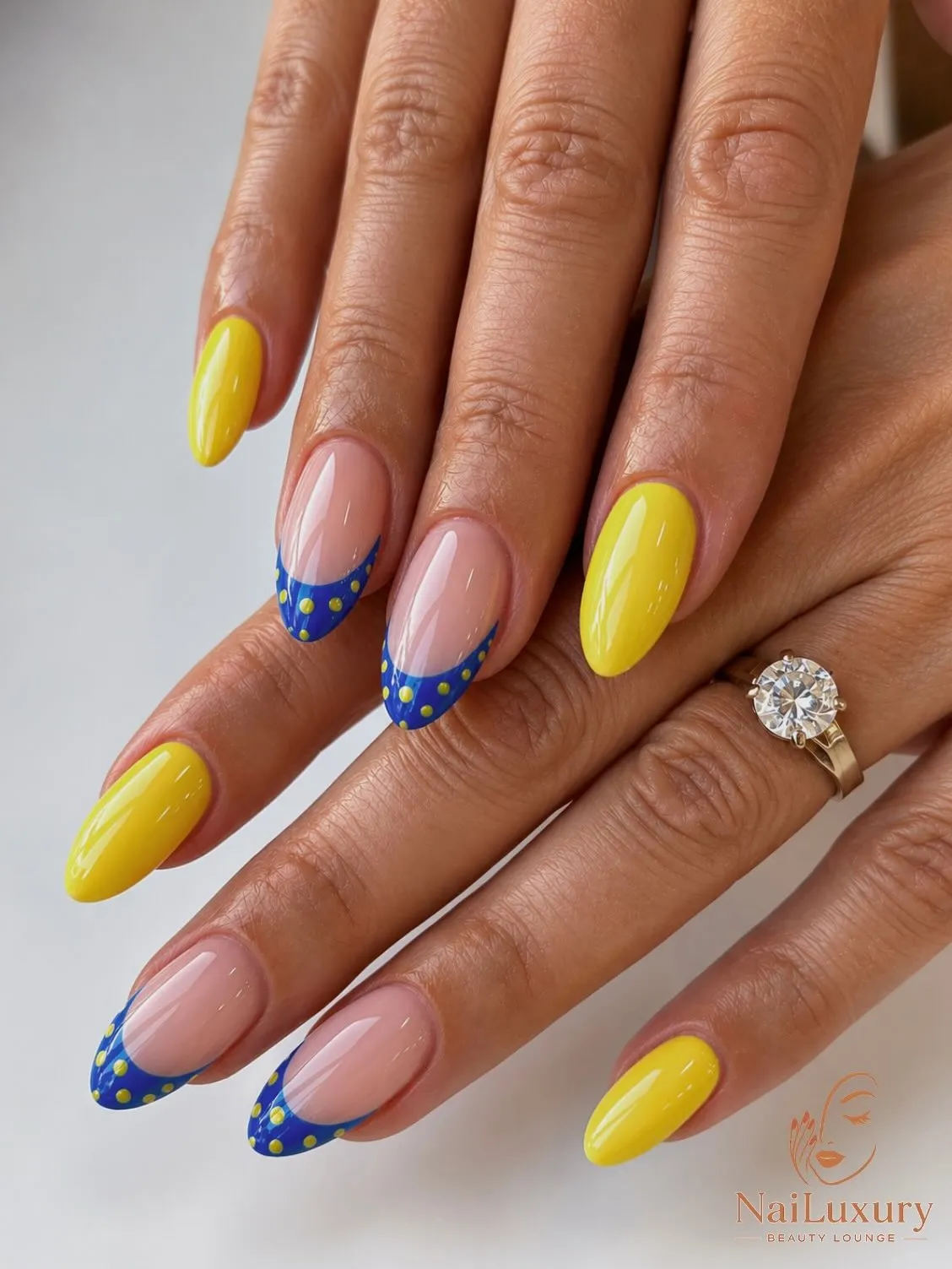 Blue French Tips with Yellow Polka Dots