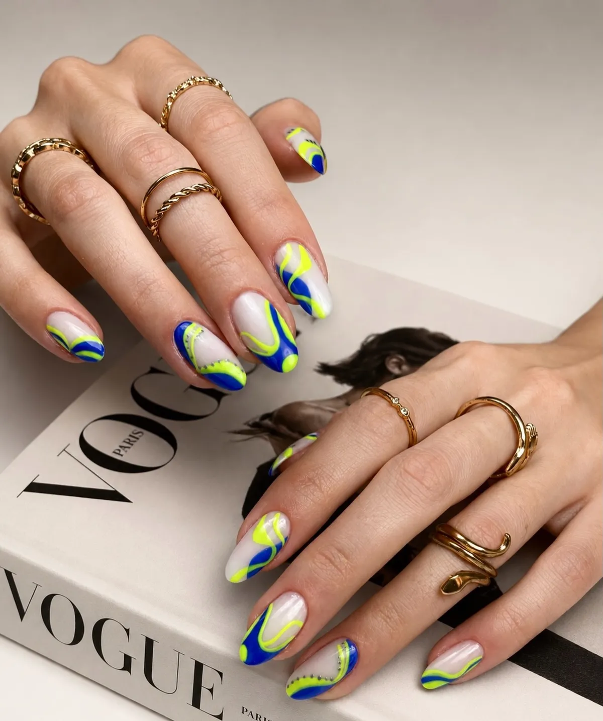 White Base with Blue and Neon Yellow-Green Swirls