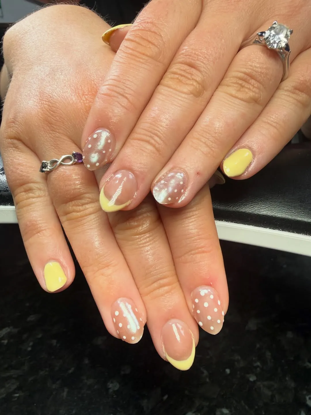 Soft Yellow French Tips with White Polka Dots