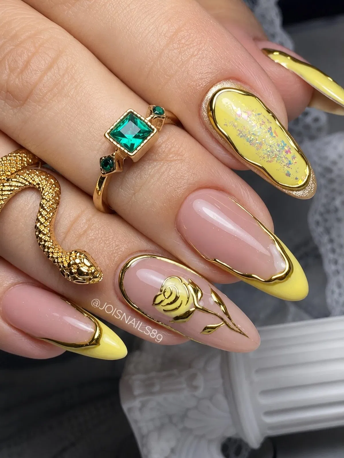 Gold-outlined yellow accents with confetti and raised rose detail