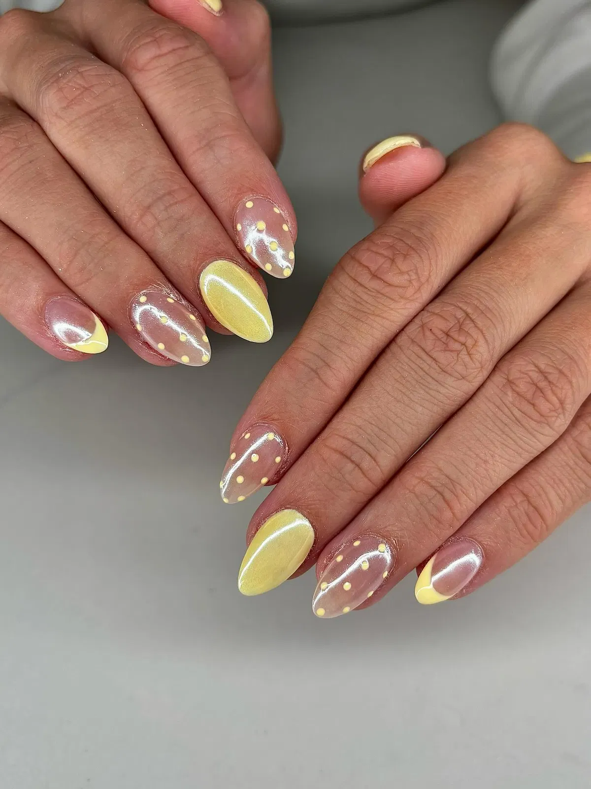Pale yellow solids with dotted sheer accents
