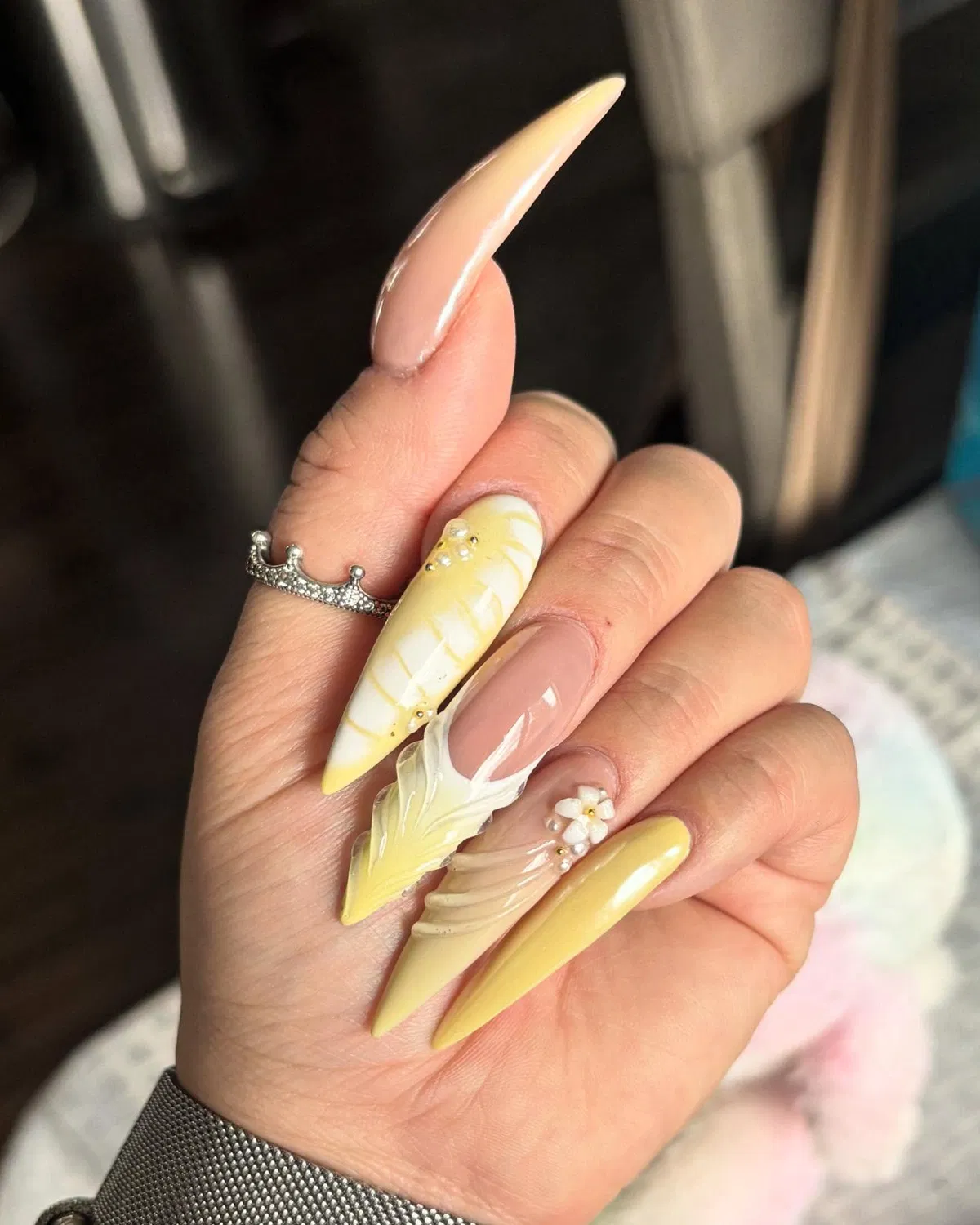 Extra-long yellow stiletto set with sculpted 3D details and rhinestones