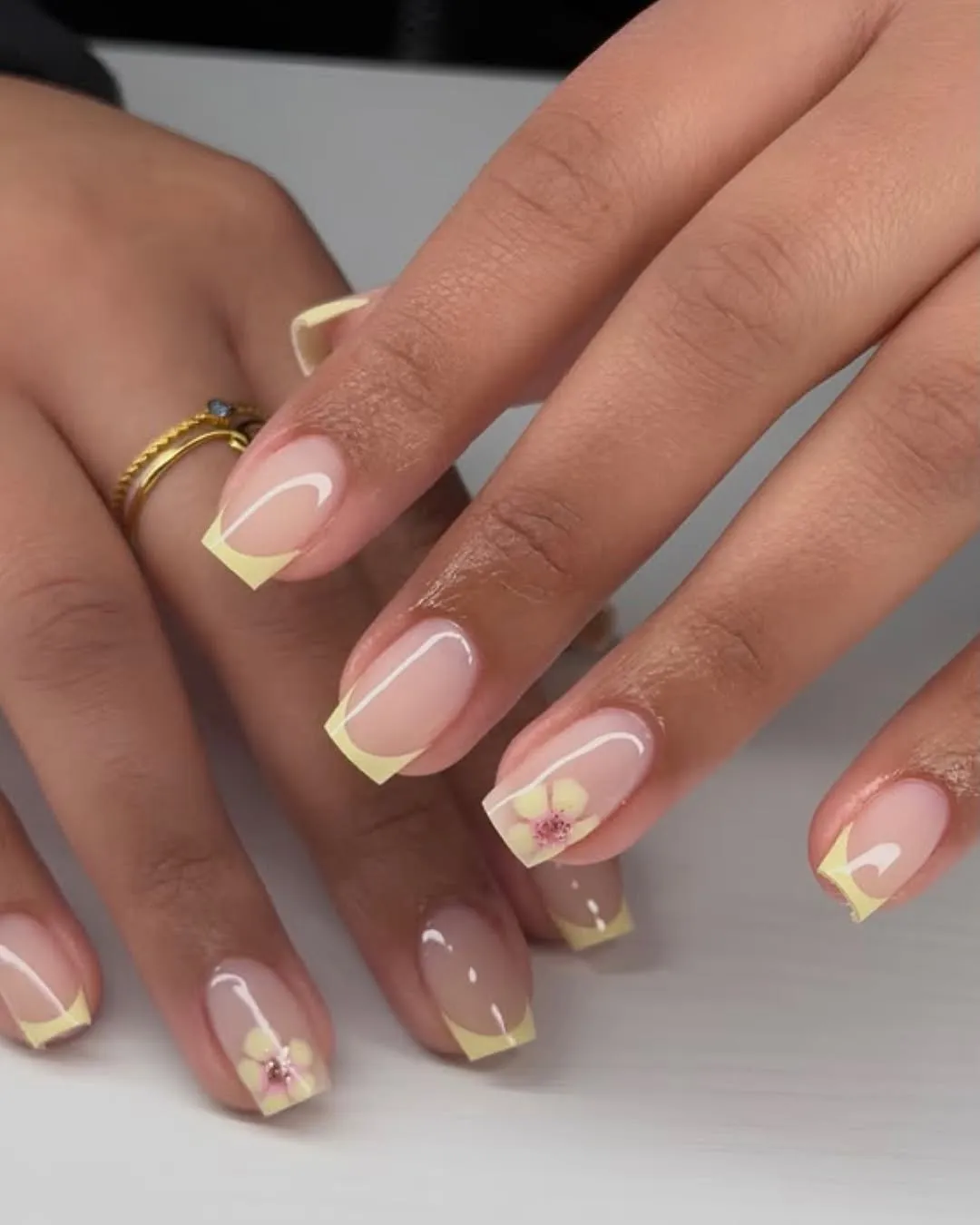 Square Yellow French Tips with Simple Flower Accent