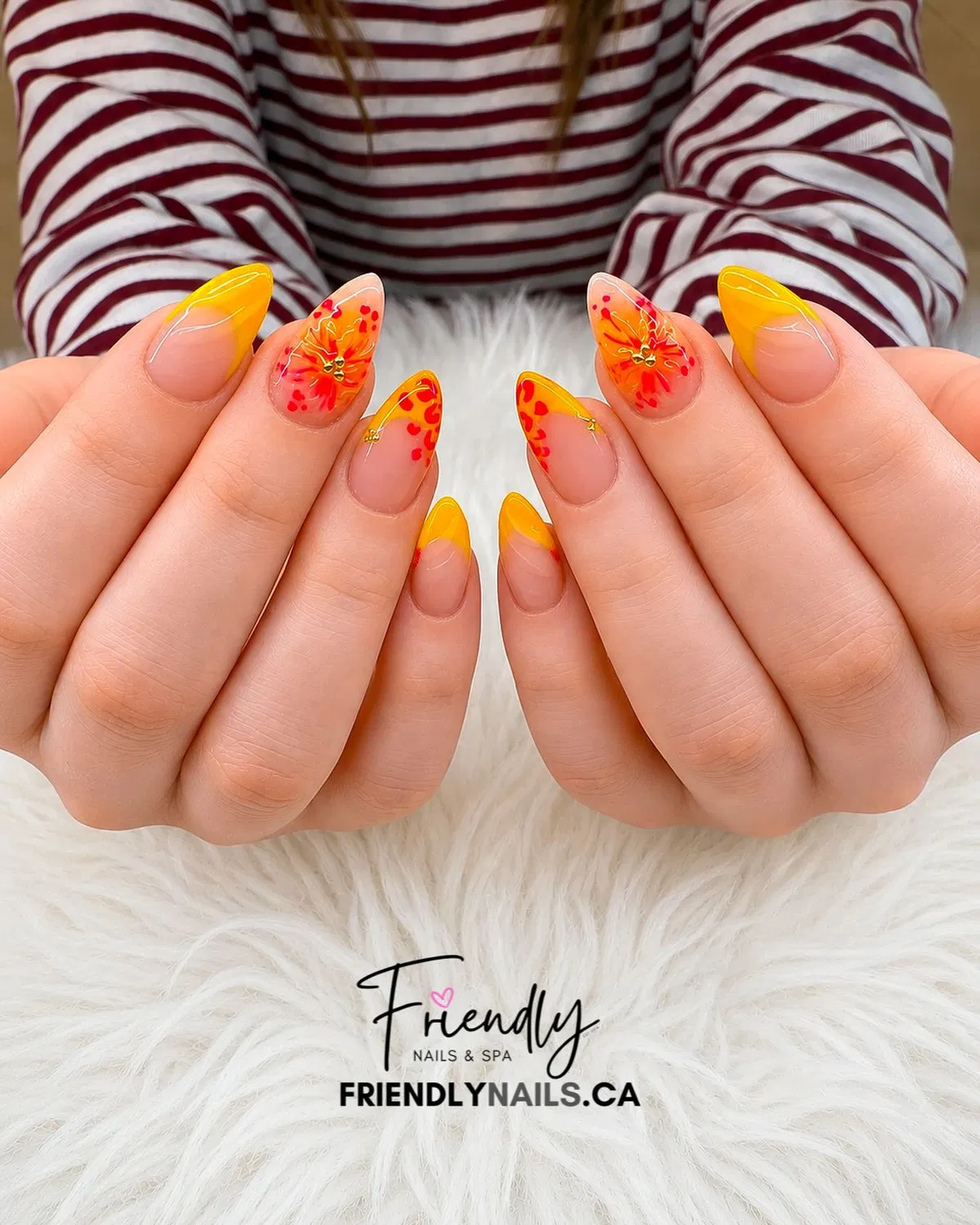 Yellow French Tips with Orange-Red Floral Art