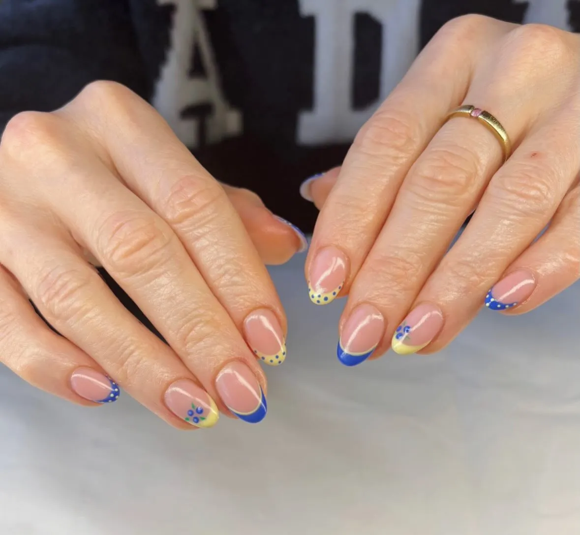 Yellow-and-Blue French Tips with Dotted Edges
