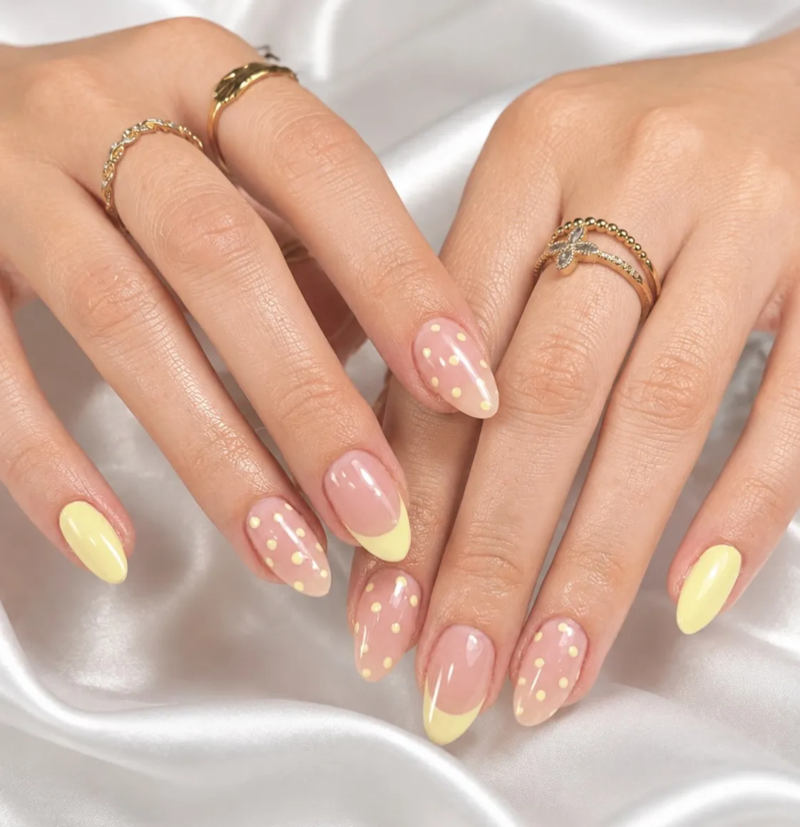 Soft Yellow French Tips with Matching Polka Dots