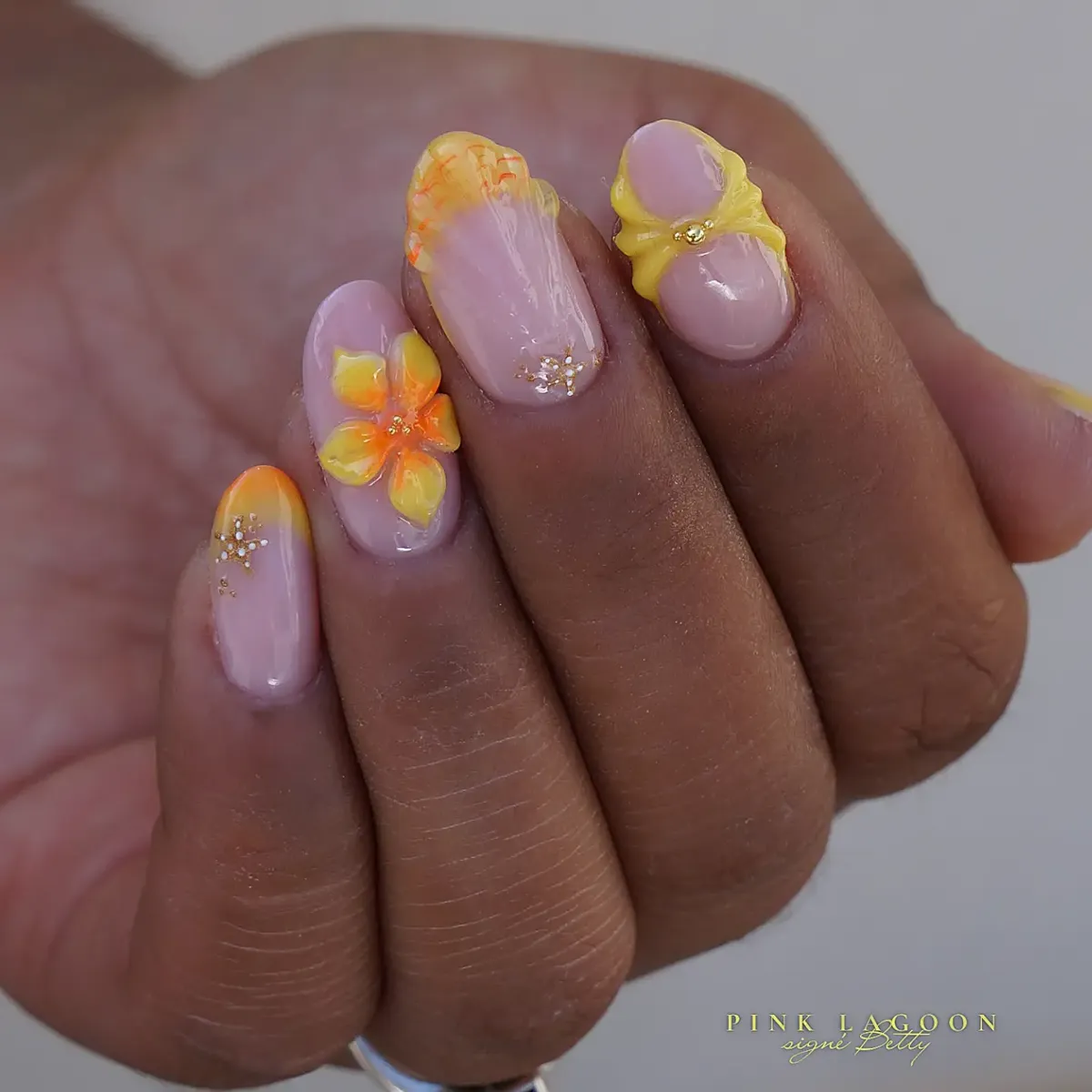 Yellow-orange accents with 3D flower and bow details