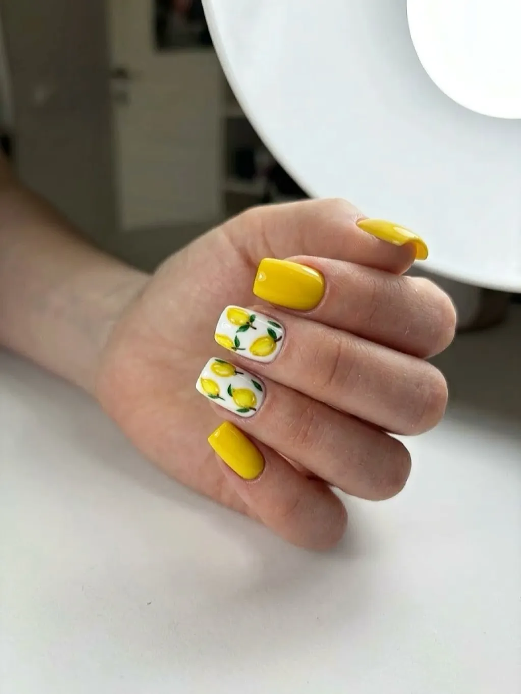 Solid Yellow with Lemon Print Accent Nails