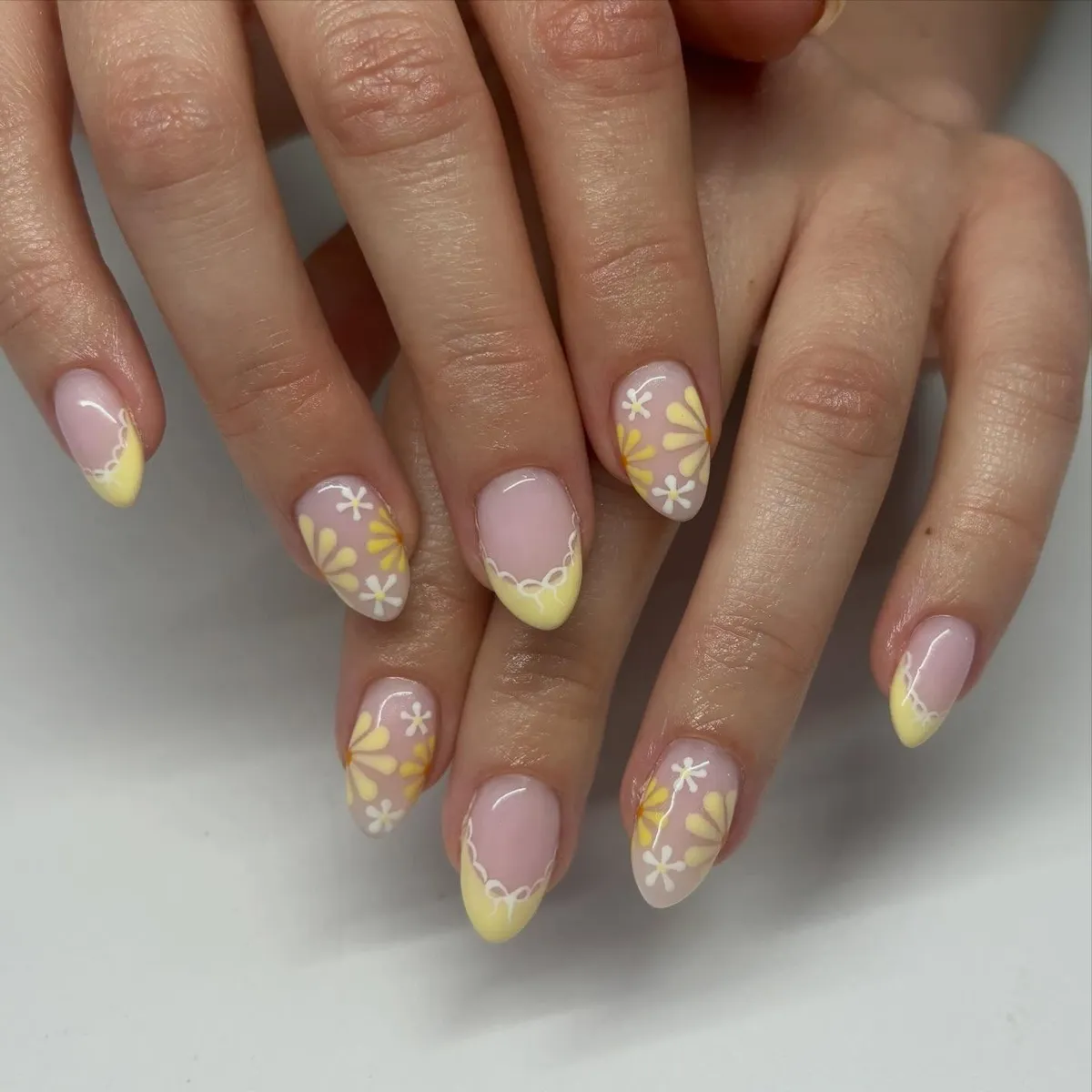 Soft Yellow French Tips with Scalloped Borders and Florals