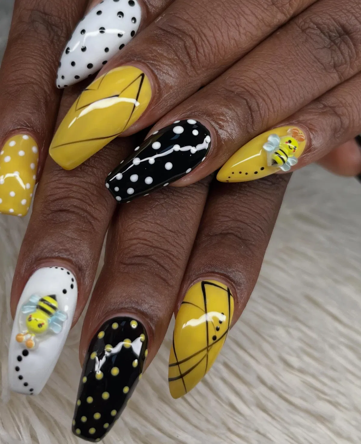 Graphic Yellow, Black, and White with Polka Dots and 3D Bees