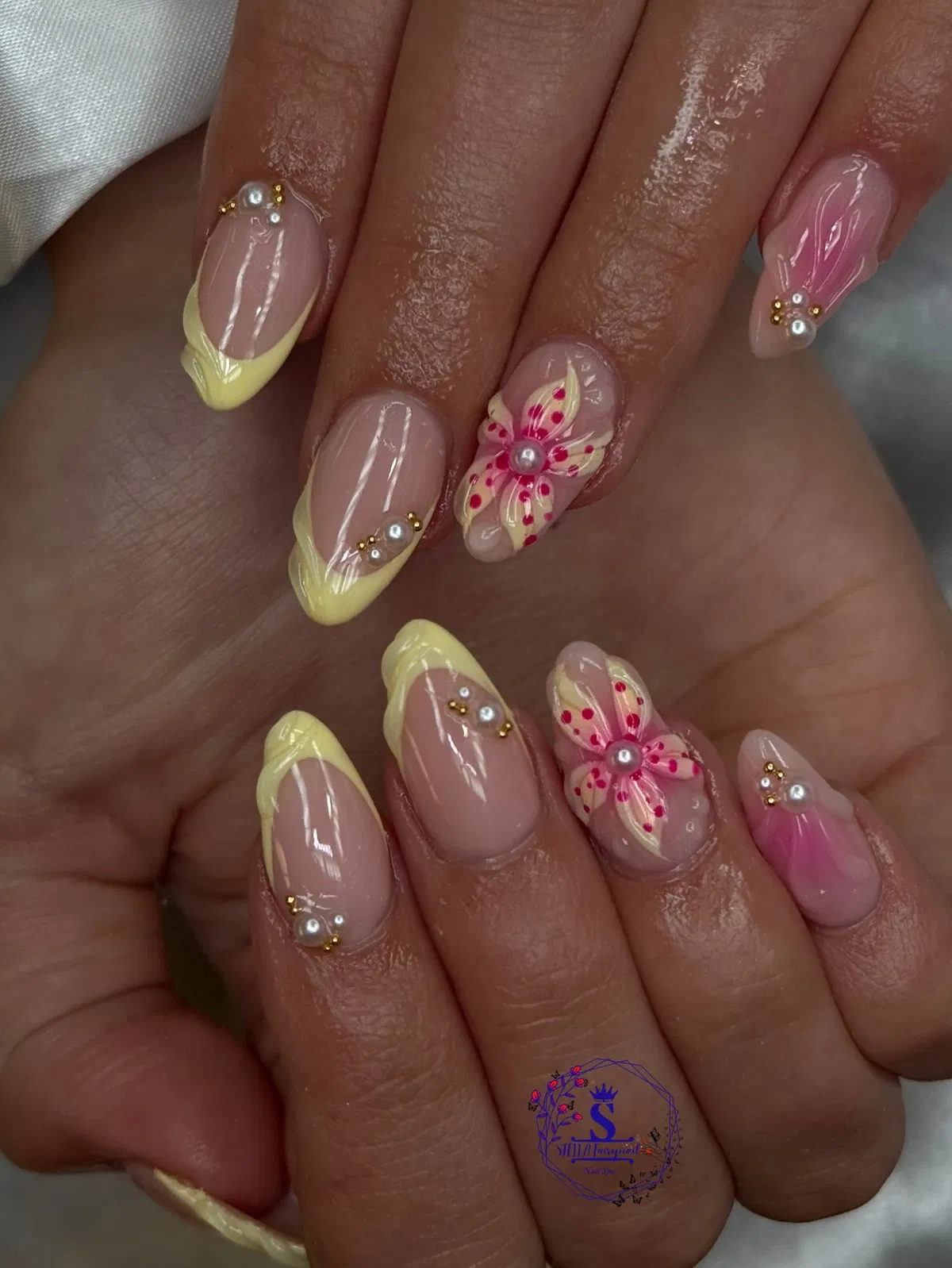 Pale Yellow Tips with Pink Floral Art and Bead Accents