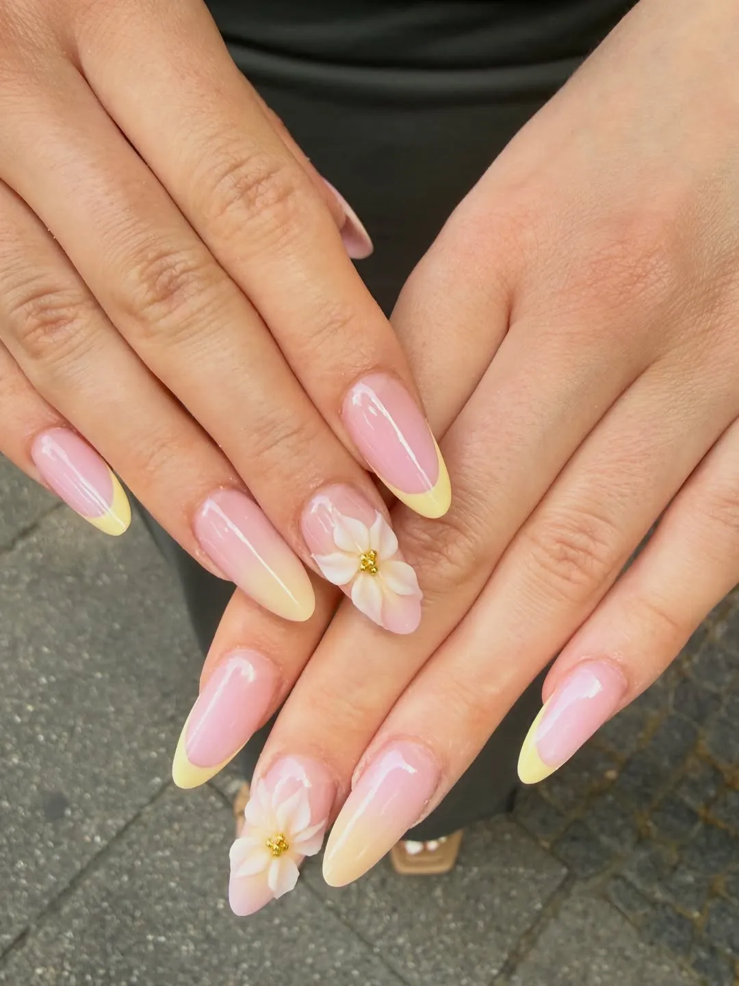 Sheer pink-to-pale yellow ombre with raised white flowers