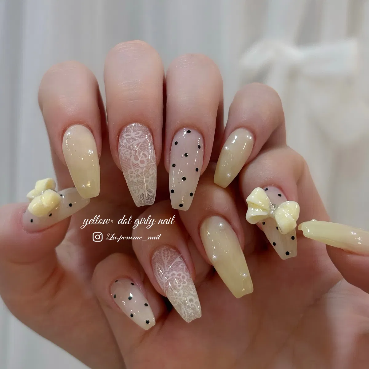 Pale Yellow Set with Black Dots, Lace Pattern, and 3D Bows