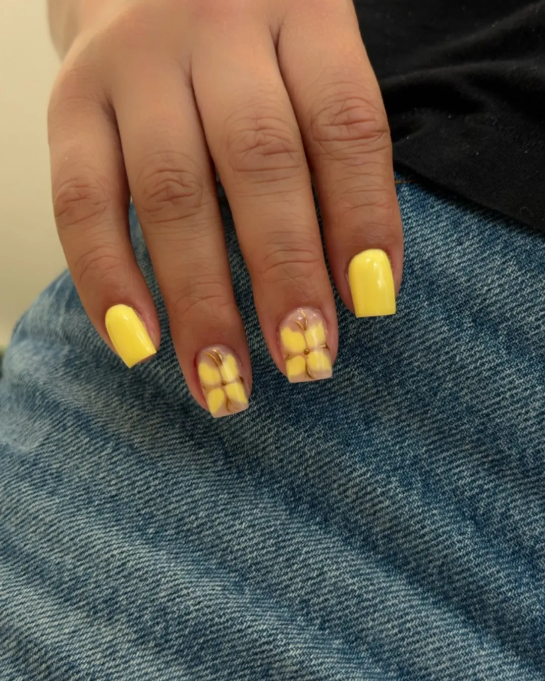 Short bright yellow with simple floral accents