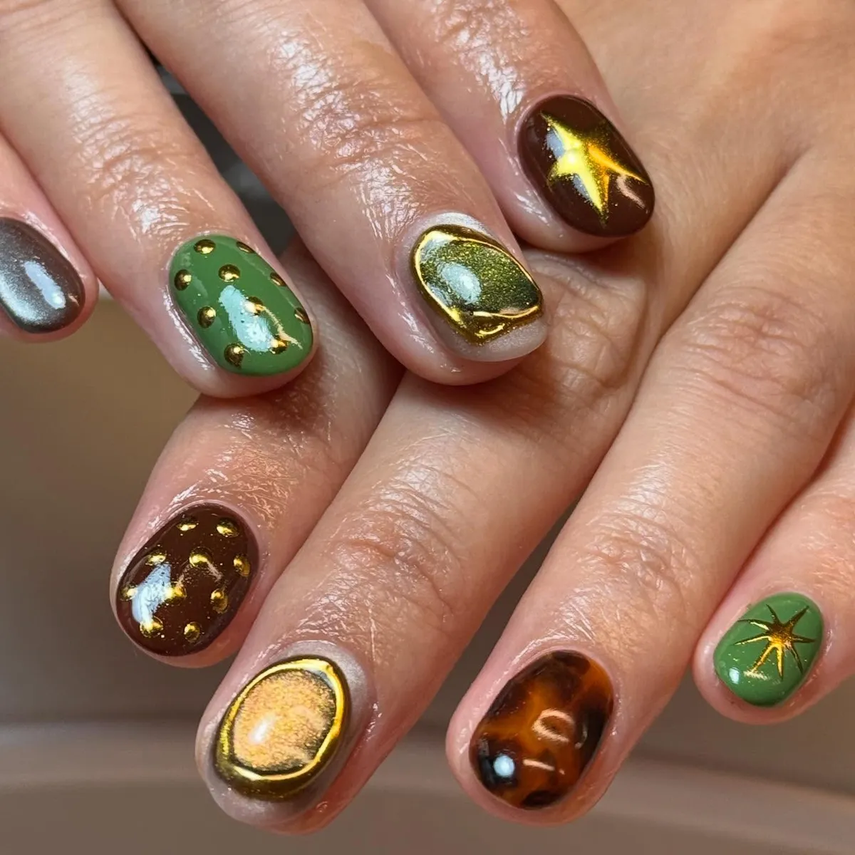 Green and brown set with gold dots and starbursts