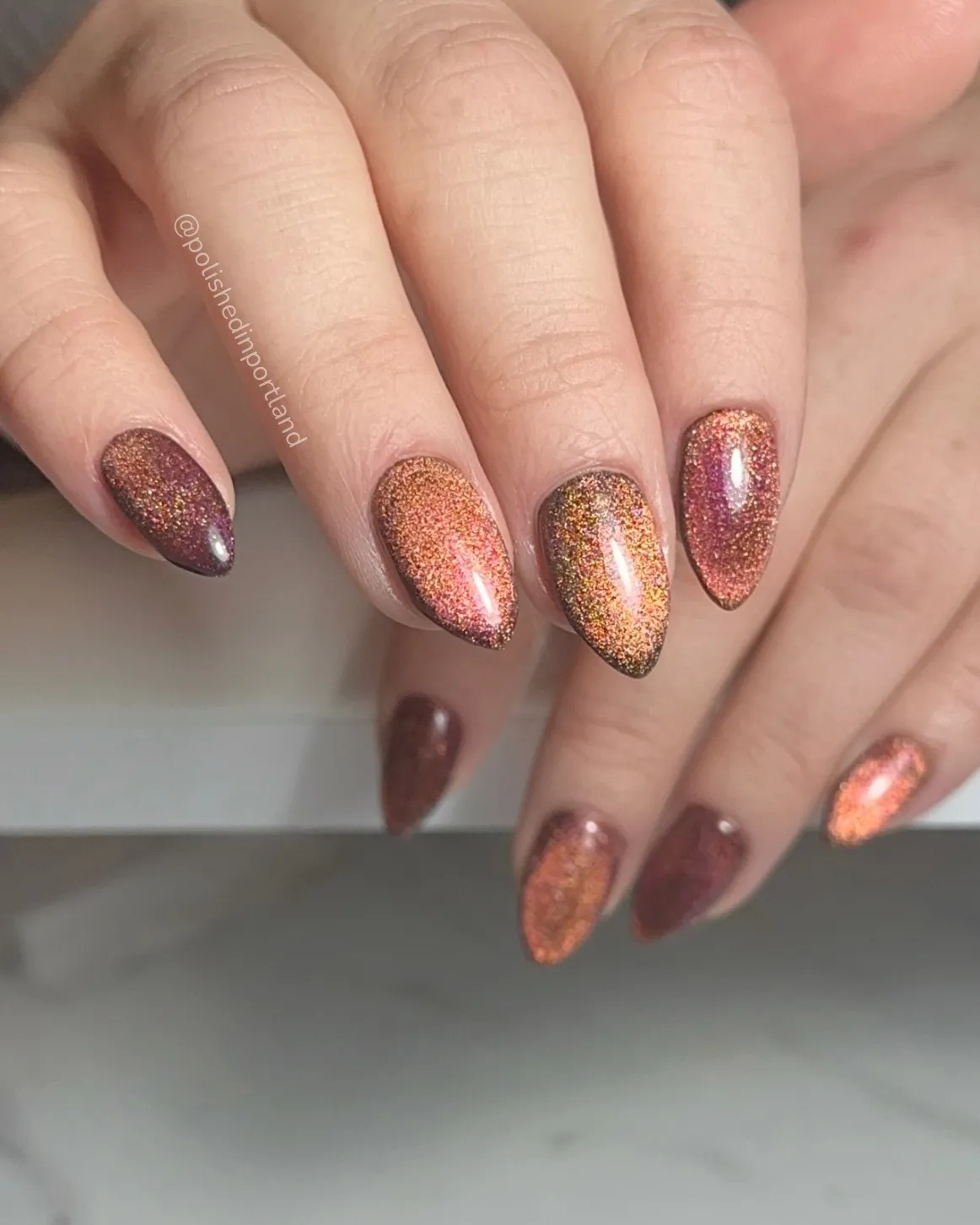 Warm glitter chrome gradient almonds