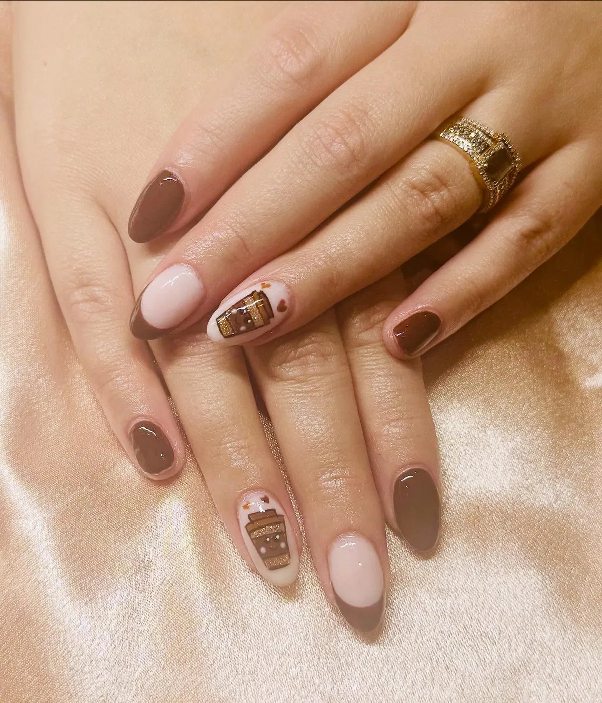 Brown French Tips with Cup Illustration Accent Nails