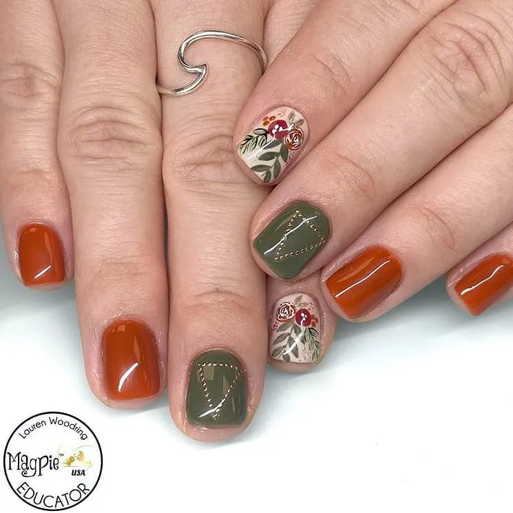 Rust and olive mix with beige floral accents and dotted gold detailing