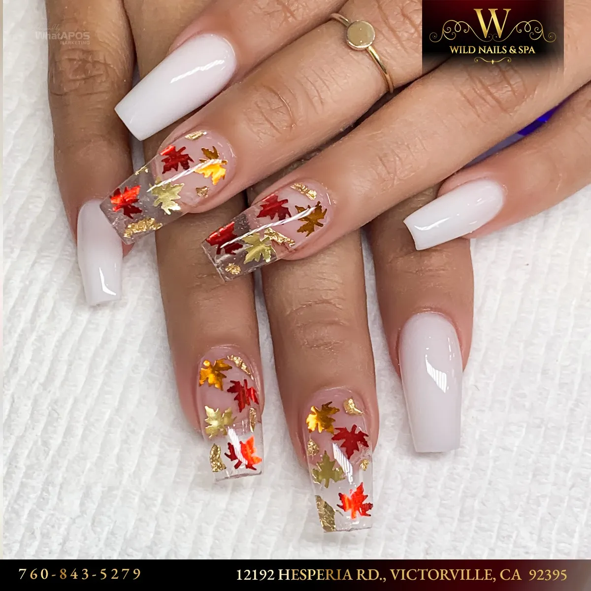 Opaque white paired with clear leaf-filled nails and gold flecks