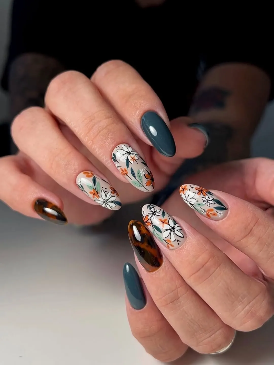 Gray-blue solids with floral and tortoiseshell accents