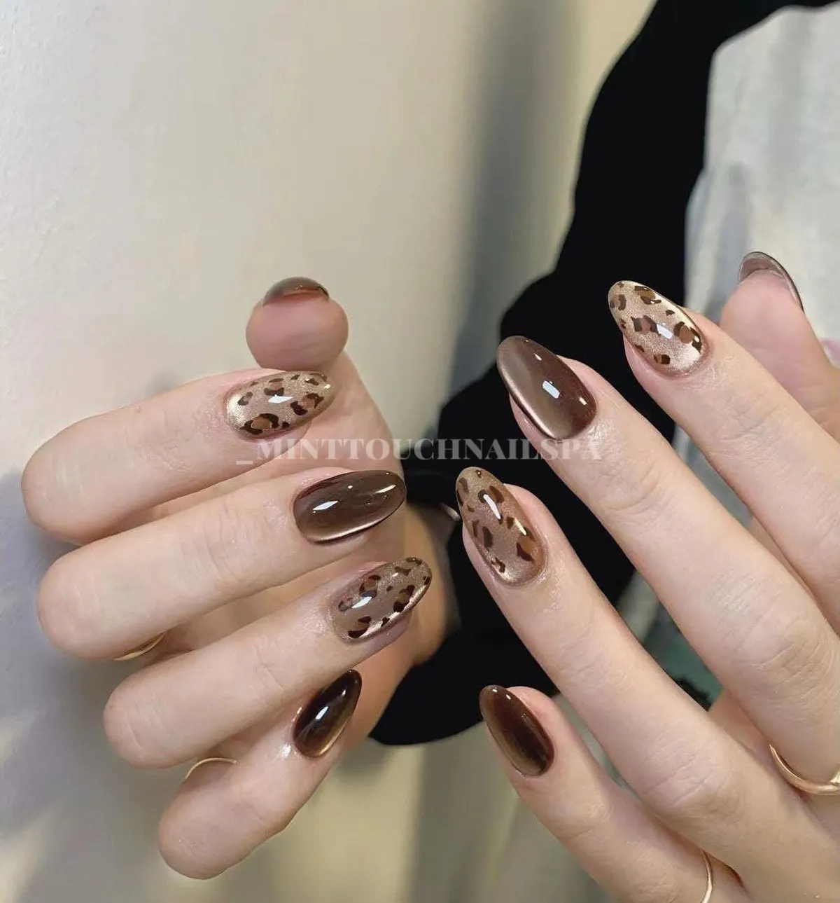 Dark brown solids with spotted beige accent nails