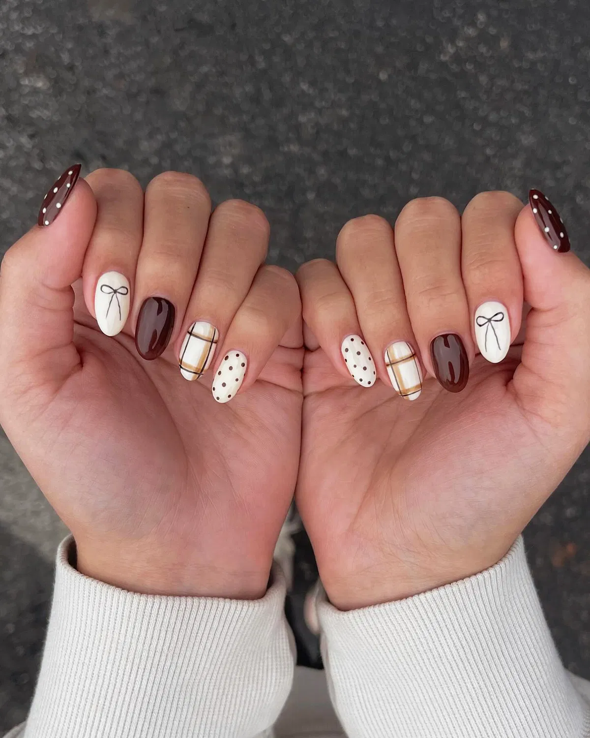 Cream-and-brown mix with bows, plaid, and polka dots