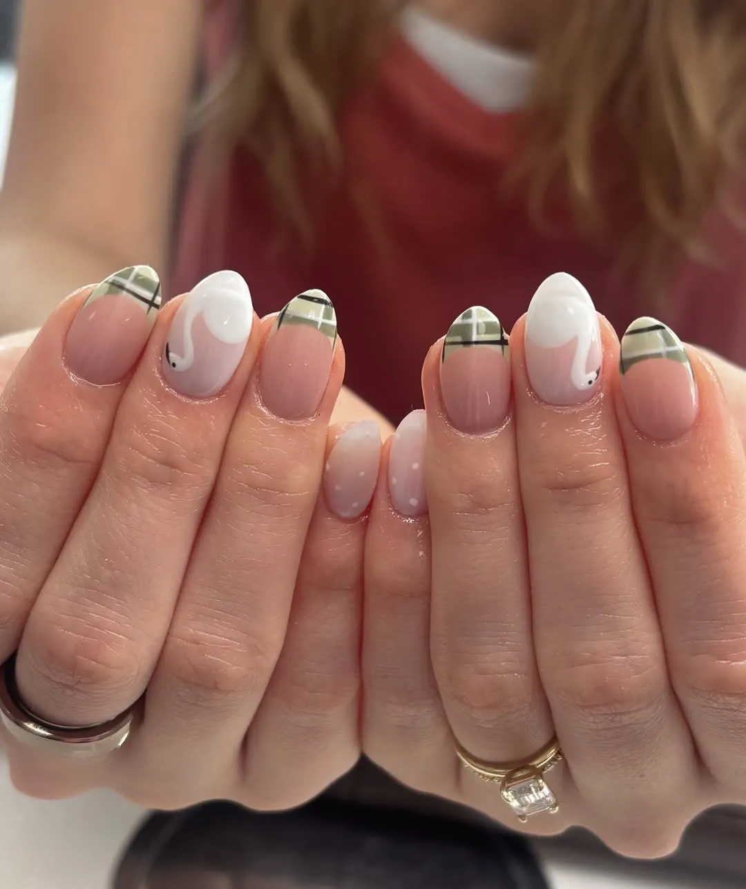 Green plaid French tips with white swirls