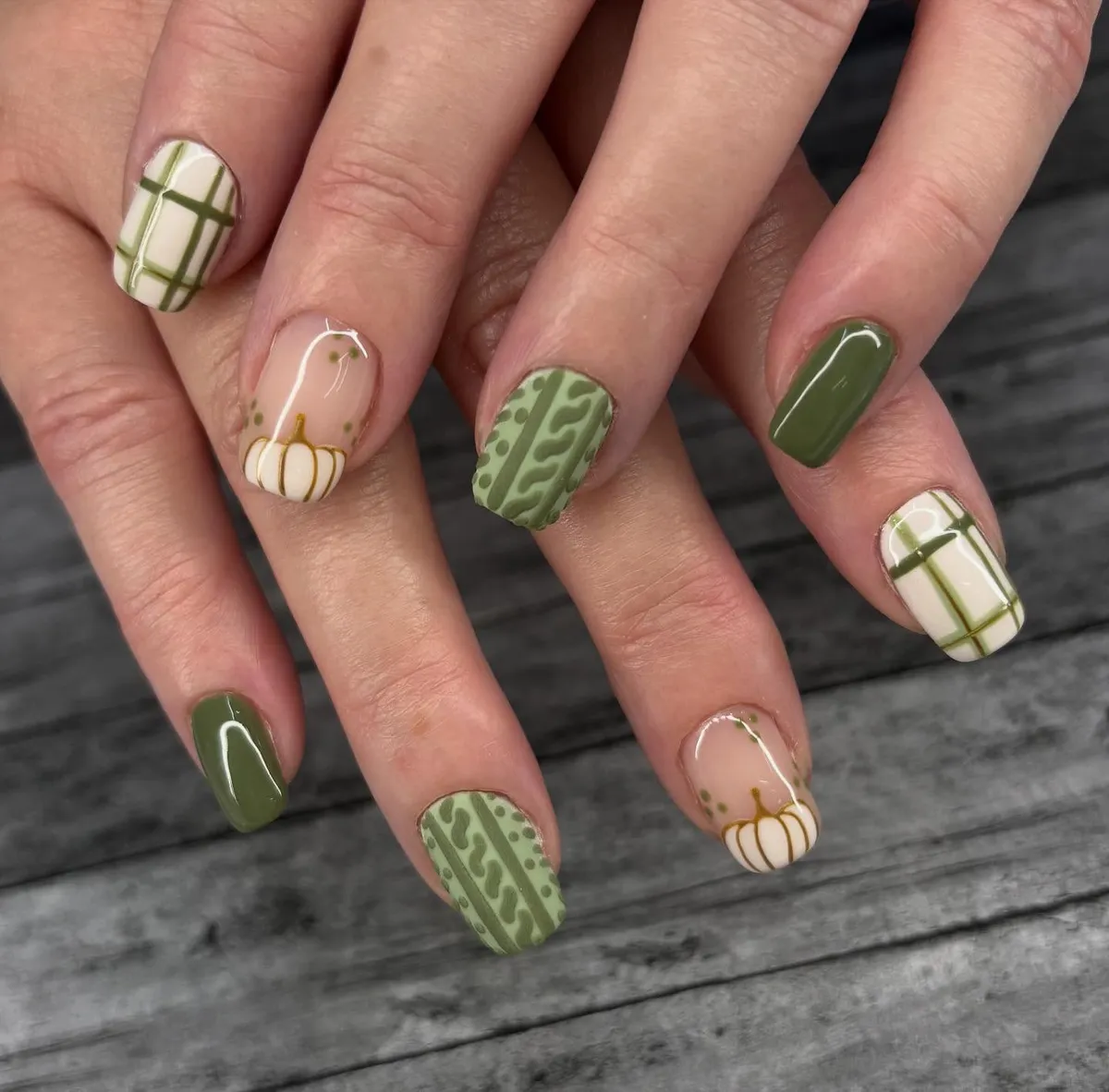 Olive plaid and pumpkin line art mix