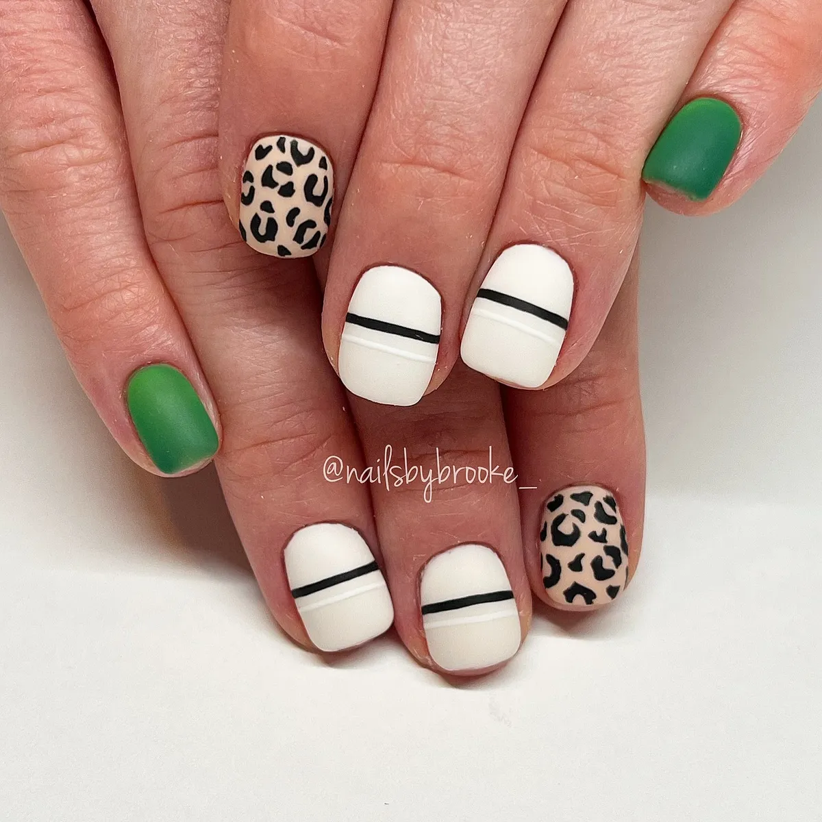 Matte green with white stripes and leopard accent