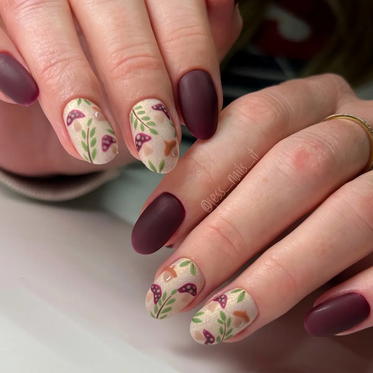 Matte Burgundy with Shimmery Mushroom Accents