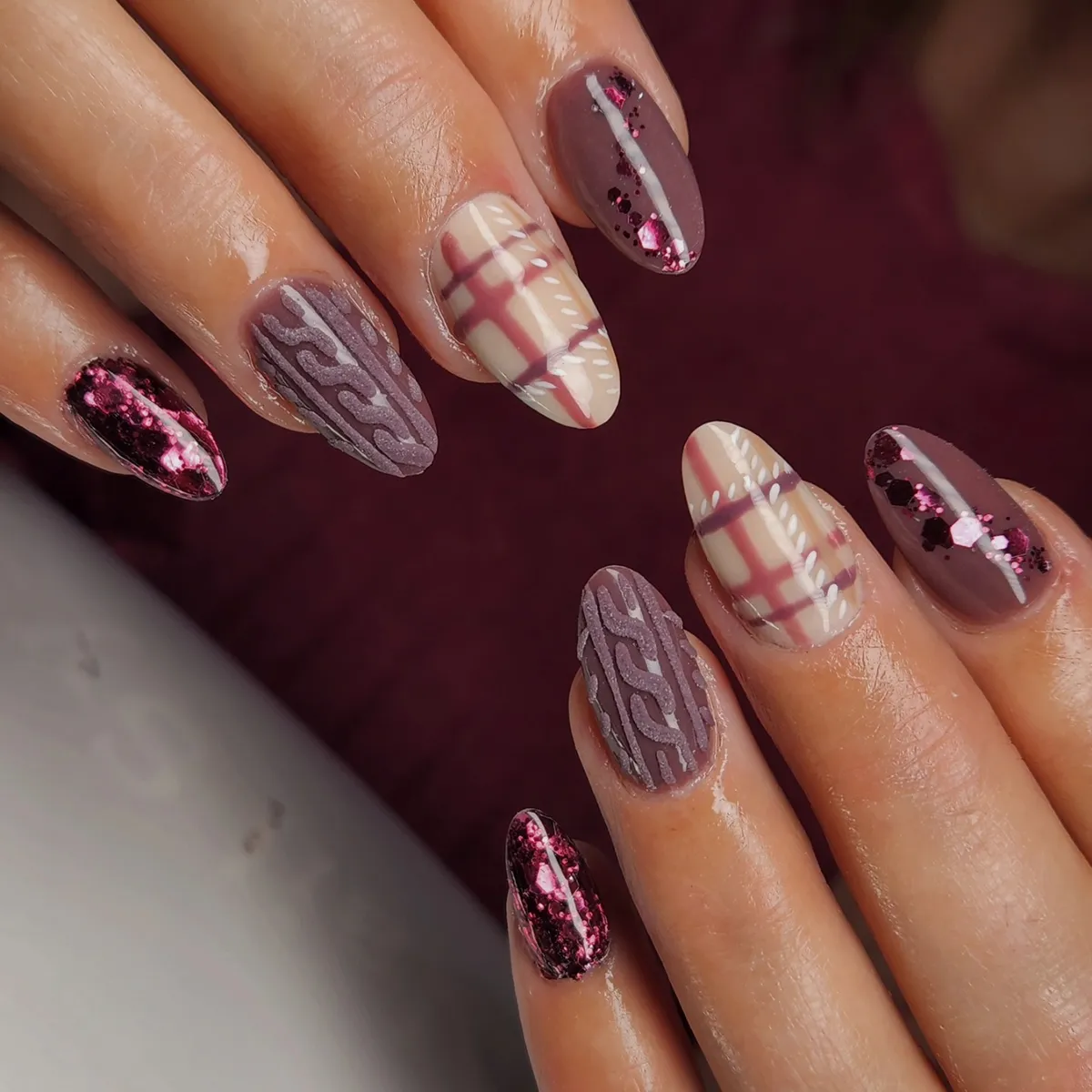 Mauve Plaid, Glitter Stripes, and Textured Waves