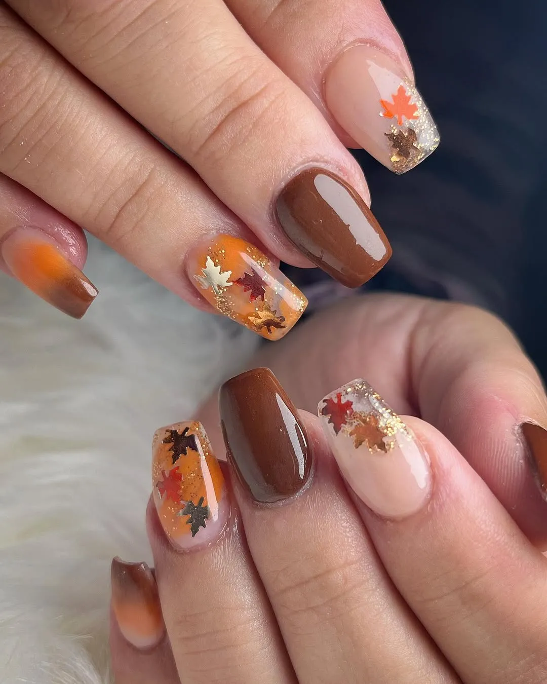 Glossy brown set with translucent leaf-and-gold accents