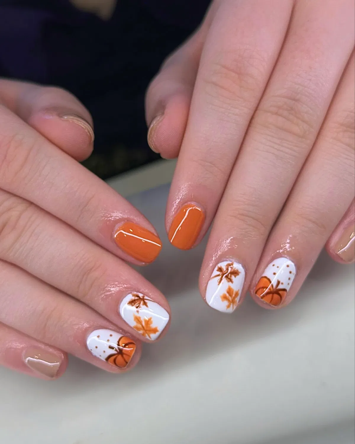 Orange solids with white leaf and pumpkin-tip accents