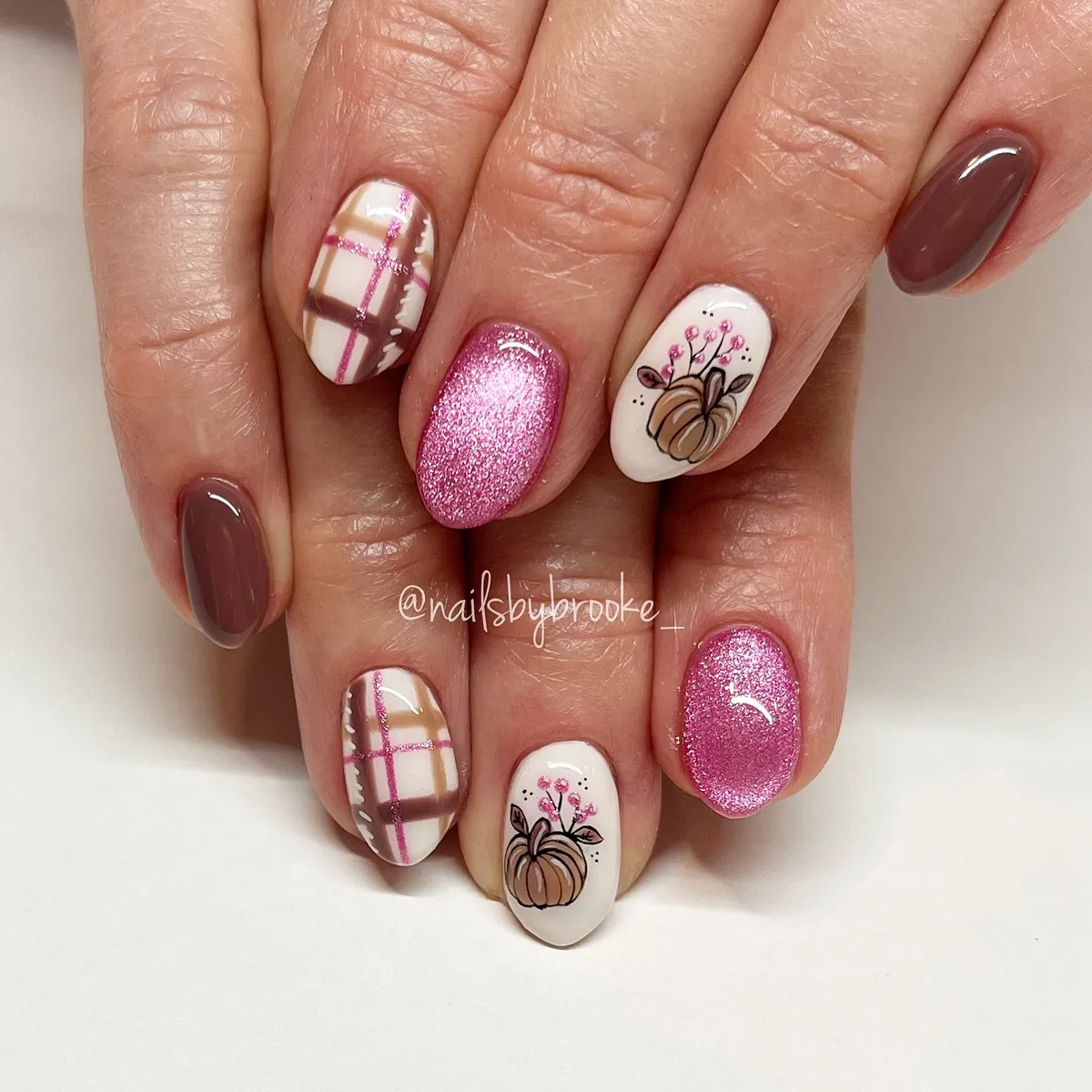 Brown and pink glitter with plaid and pumpkin accents