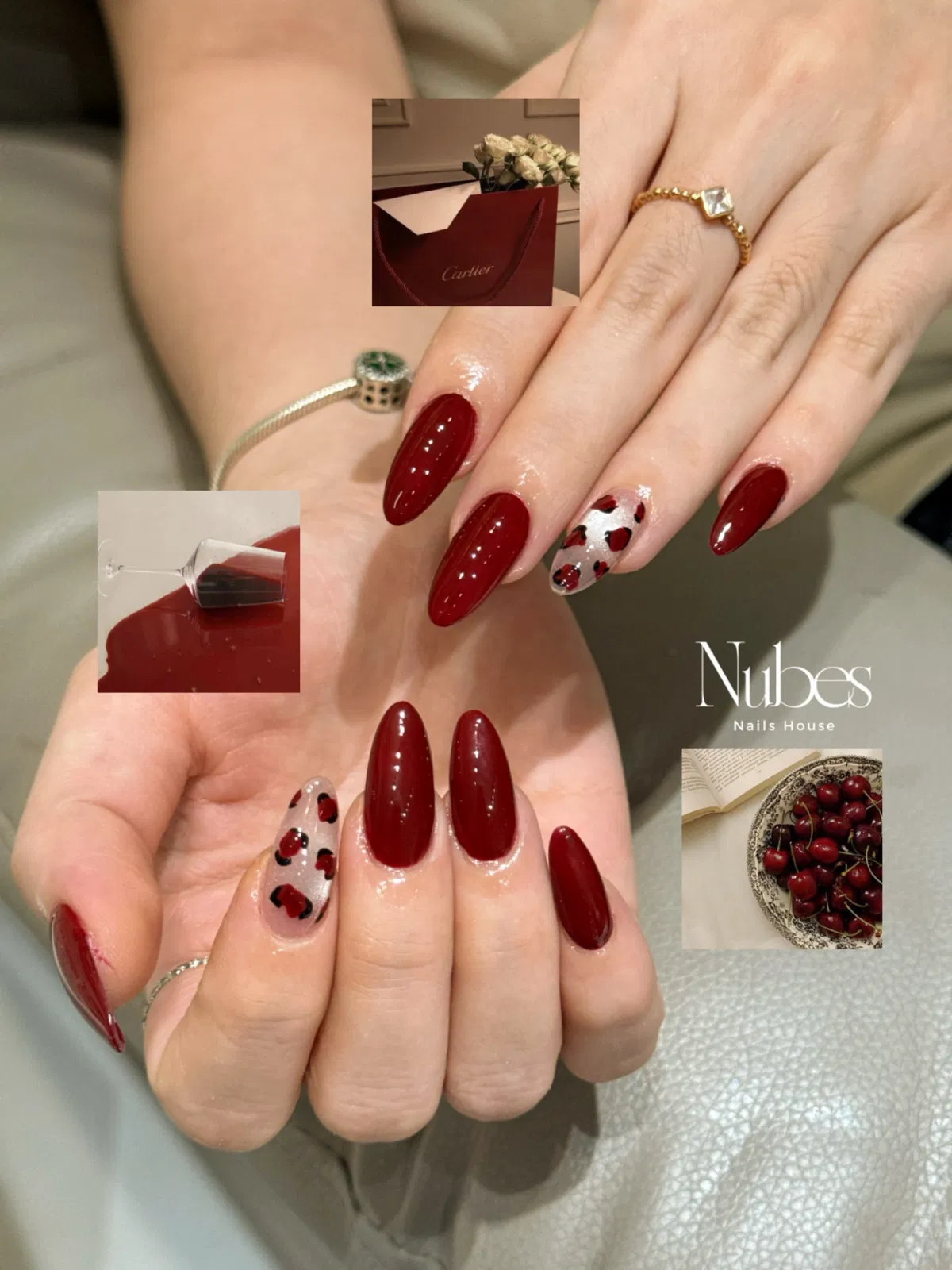 Deep red almonds with spotted accent nails and collage insets