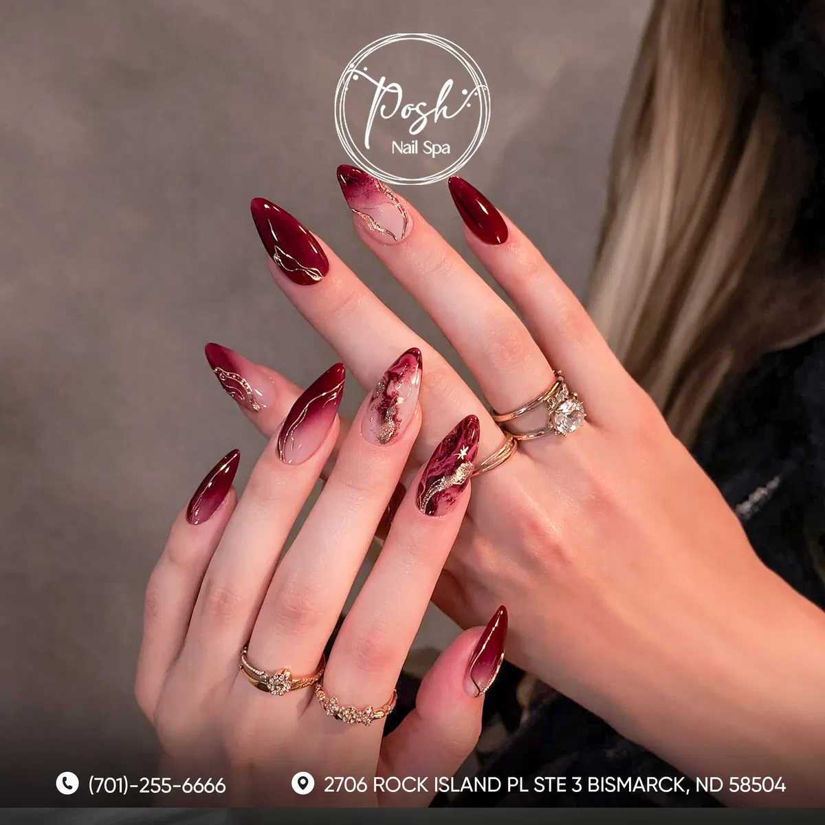 Burgundy stilettos with gold wavy lines and gradient accents