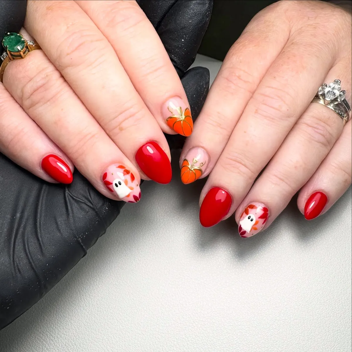 Bright red with pumpkin and ghost accent nails