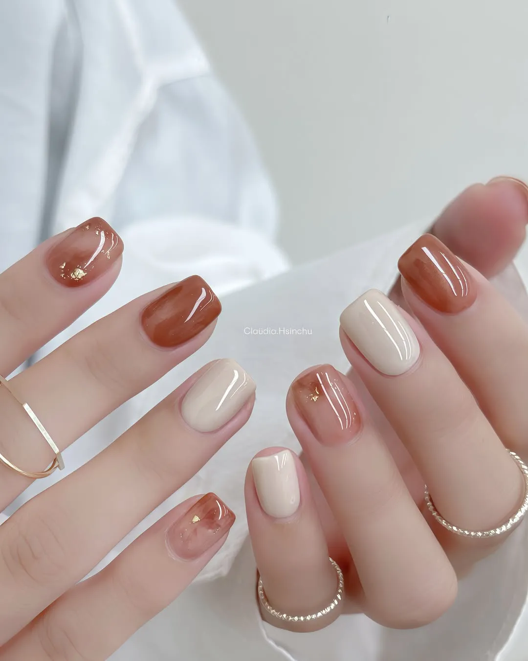 Cream and translucent brown set with gold flecks